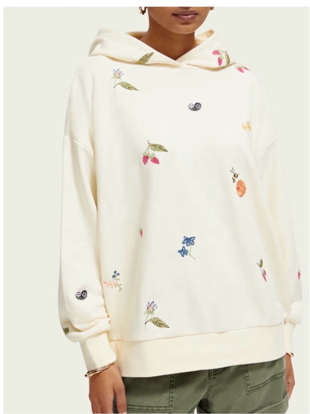 Scotch & Soda Cream Hoodie with Multicolor Floral & Fruit Embroidery (oversized)